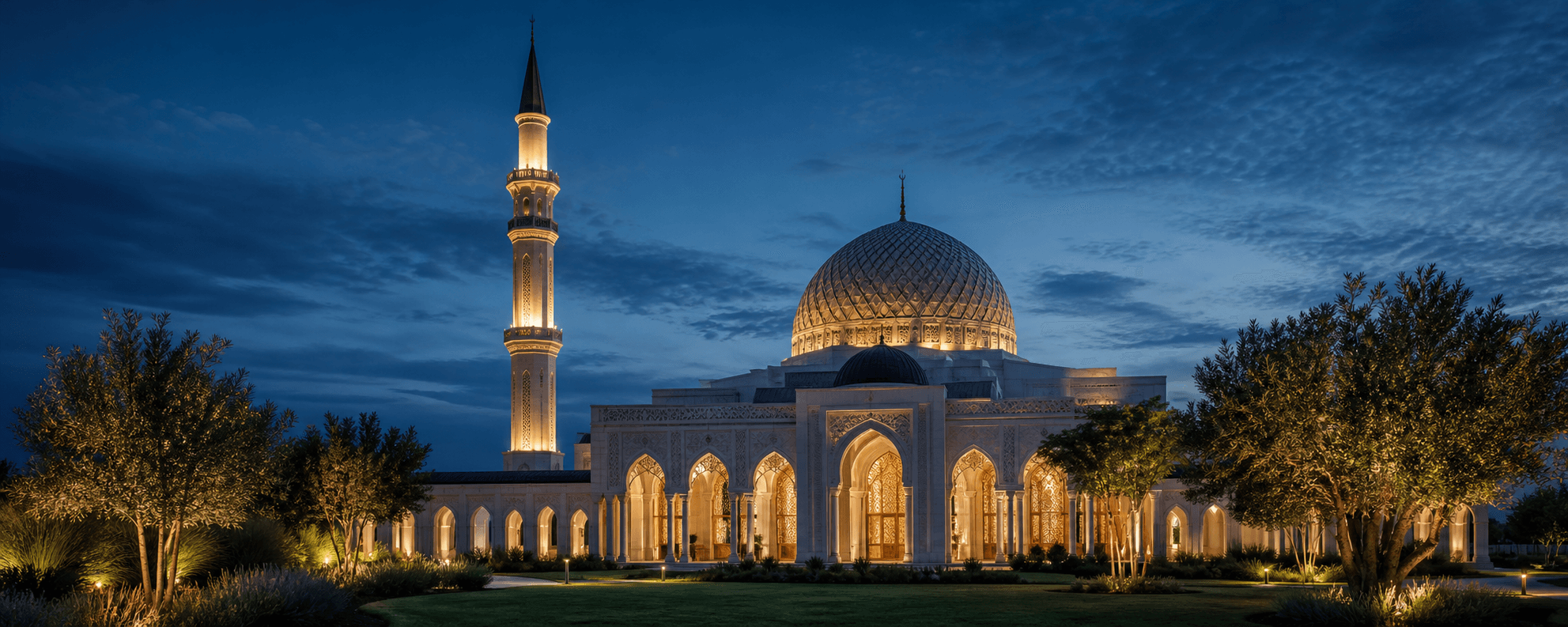 Mosquée contemporaine éclairée à la tombée du jour